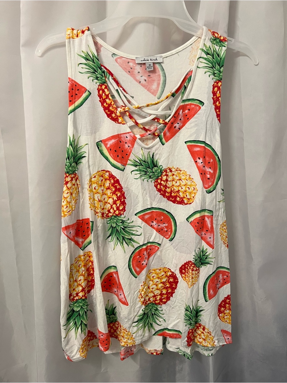 white birch White Tank with Pink Watermelon and Pineapple Print